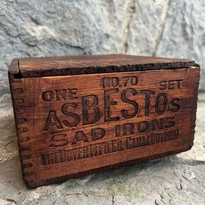 Antique Asbestos Sad Iron wooden box crate Dover, Ohio